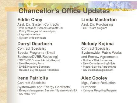 Eddie Choy Asst. Dir. System Contracts Introduction of System Contracts Unit Policy Changes future and past Legislative review System wide contracts Linda.