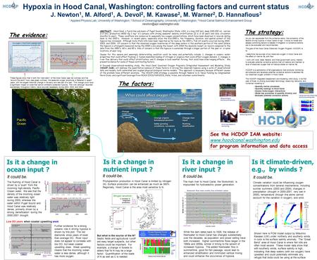 The evidence: Hypoxia in Hood Canal, Washington: controlling factors and current status J. Newton 1, M. Alford 1, A. Devol 2, M. Kawase 2, M. Warner 2,