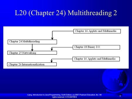 Liang, Introduction to Java Programming, Sixth Edition, (c) 2007 Pearson Education, Inc. All rights reserved. 0-13-222158-6 1 L20 (Chapter 24) Multithreading.