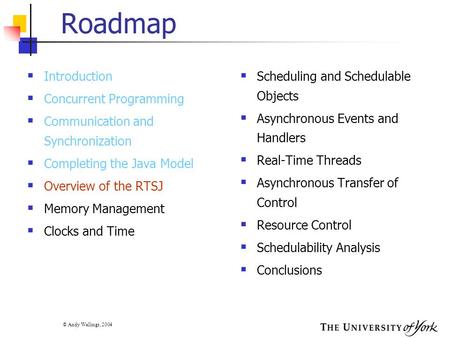 © Andy Wellings, 2004 Roadmap  Introduction  Concurrent Programming  Communication and Synchronization  Completing the Java Model  Overview of the.