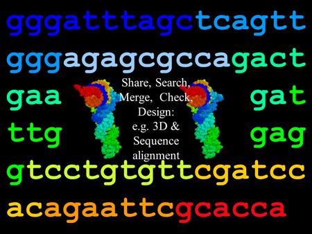 Gggatttagctcagtt gggagagcgccagact gaa gat ttg gag gtcctgtgttcgatcc acagaattcgcacca Share, Search, Merge, Check, Design: e.g. 3D & Sequence alignment.