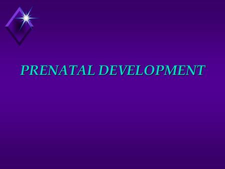 PRENATAL DEVELOPMENT. u STAGES u 0-2 WEEKS GERMINAL PERIOD u 2-3 WEEKS EMBRYO u 4-5 WEEK IMPLANTATION u 6-7 WEEKS PARTS VISIBLE u 8-9 WEEKS FETUS u 14.