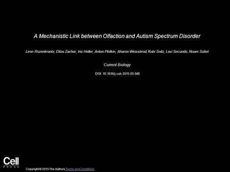 A Mechanistic Link between Olfaction and Autism Spectrum Disorder Liron Rozenkrantz, Ditza Zachor, Iris Heller, Anton Plotkin, Aharon Weissbrod, Kobi Snitz,