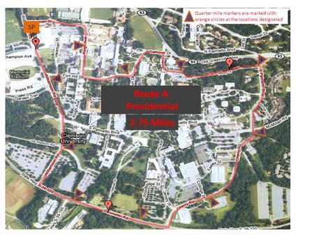 2.75 Miles Route A 2.75 Miles Route A Presidential SP Quarter mile markers are marked with orange circles at the locations designated 1 7 6 5 4 3 2 8 9.