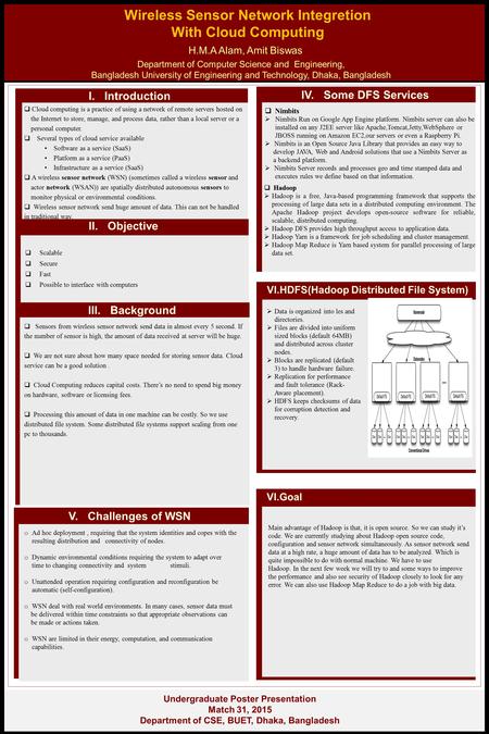 Undergraduate Poster Presentation Match 31, 2015 Department of CSE, BUET, Dhaka, Bangladesh Wireless Sensor Network Integretion With Cloud Computing H.M.A.