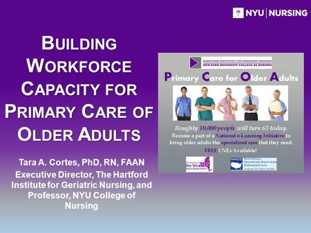 B UILDING W ORKFORCE C APACITY FOR P RIMARY C ARE OF O LDER A DULTS Tara A. Cortes, PhD, RN, FAAN Executive Director, The Hartford Institute for Geriatric.