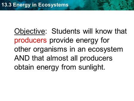 Objective: Students will know that producers provide energy for other organisms in an ecosystem AND that almost all producers obtain energy from sunlight.