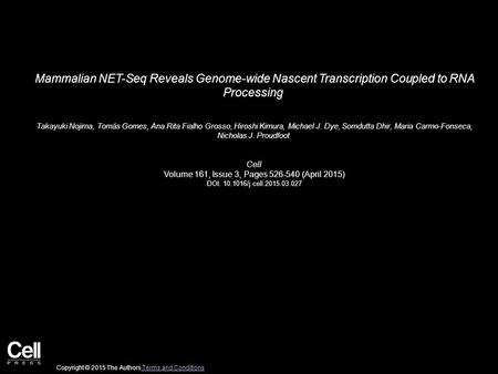 Mammalian NET-Seq Reveals Genome-wide Nascent Transcription Coupled to RNA Processing Takayuki Nojima, Tomás Gomes, Ana Rita Fialho Grosso, Hiroshi Kimura,