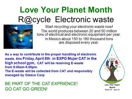 Love Your Planet Month Electronic waste Start recycling your electronic waste now! The world produces between 20 and 50 million tons of electrical.