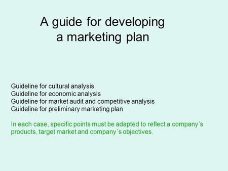 A guide for developing a marketing plan Guideline for cultural analysis Guideline for economic analysis Guideline for market audit and competitive analysis.