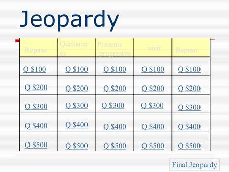 Jeopardy Repaso Quehacer es Presente progresivo vivir Repaso Q $100 Q $200 Q $300 Q $400 Q $500 Q $100 Q $200 Q $300 Q $400 Q $500 Final Jeopardy.