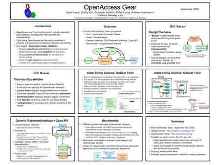 September 2004 OpenAccess Gear David Papa 1, Zhong Xiu 2, Christoph Albrecht, Philip Chong, Andreas Kuehlmann 3 Cadence Berkeley Labs 1 University of Michigan,