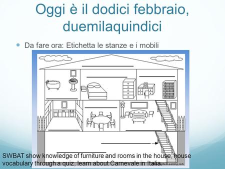 Oggi è il dodici febbraio, duemilaquindici Da fare ora: Etichetta le stanze e i mobili SWBAT show knowledge of furniture and rooms in the house, house.