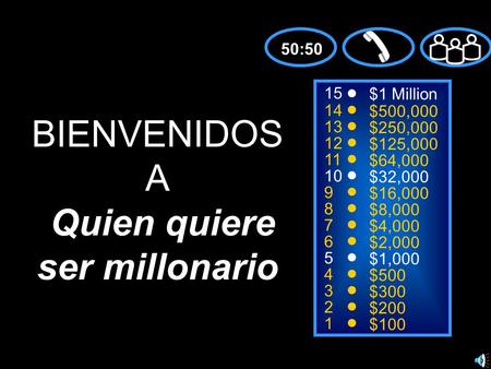 15 14 13 12 11 10 9 8 7 6 5 4 3 2 1 $1 Million $500,000 $250,000 $125,000 $64,000 $32,000 $16,000 $8,000 $4,000 $2,000 $1,000 $500 $300 $200 $100 BIENVENIDOS.