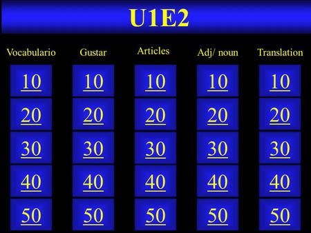 U1E2 50 40 10 20 30 50 40 10 20 30 50 40 10 20 30 50 40 10 20 30 50 40 10 20 30 GustarVocabulario Articles Adj/ nounTranslation.