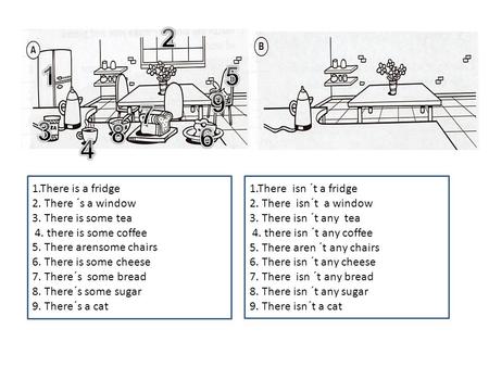 1.There is a fridge 2. There ´s a window 3. There is some tea 4. there is some coffee 5. There arensome chairs 6. There is some cheese 7. There´s some.