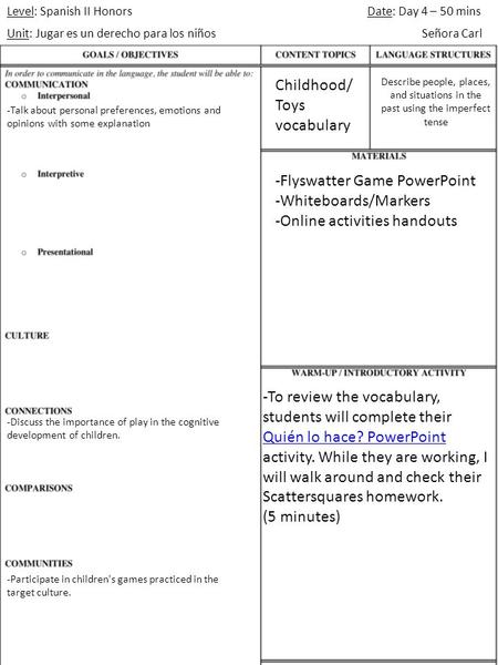 Level: Spanish II Honors Unit: Jugar es un derecho para los niños Date: Day 4 – 50 mins Señora Carl -Flyswatter Game PowerPoint -Whiteboards/Markers -Online.