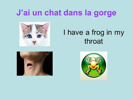 J’ai un chat dans la gorge I have a frog in my throat.