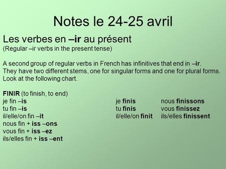 Notes le 24-25 avril Les verbes en –ir au présent (Regular –ir verbs in the present tense) A second group of regular verbs in French has infinitives that.