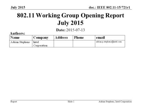 Doc.: IEEE 802.11-15/721r1 ReportAdrian Stephens, Intel Corporation 802.11 Working Group Opening Report July 2015 Date: 2015-07-13 Authors: July 2015 Slide.