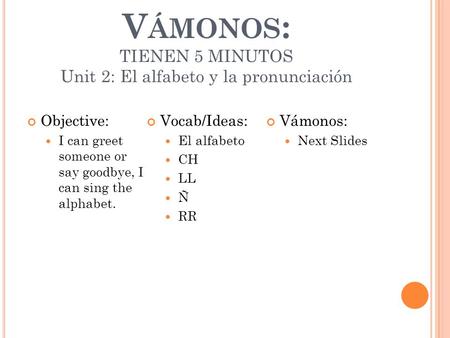 V ÁMONOS : TIENEN 5 MINUTOS Unit 2: El alfabeto y la pronunciación Objective: I can greet someone or say goodbye, I can sing the alphabet. Vocab/Ideas: