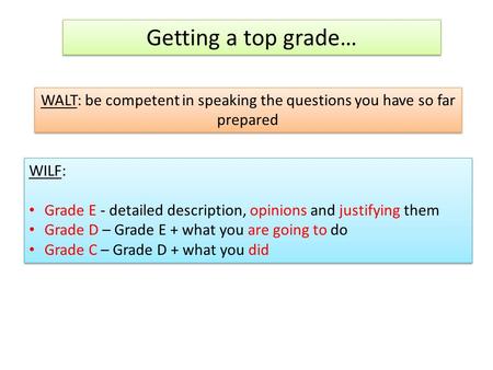 Getting a top grade… WALT: be competent in speaking the questions you have so far prepared WILF: Grade E - detailed description, opinions and justifying.