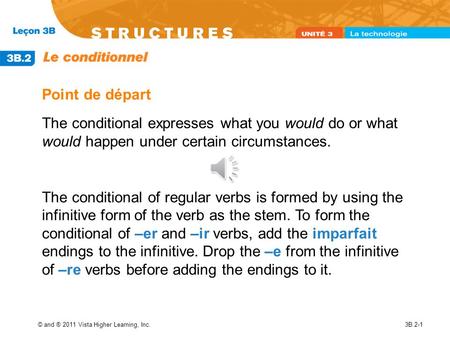 © and ® 2011 Vista Higher Learning, Inc.3B.2-1 Point de départ The conditional expresses what you would do or what would happen under certain circumstances.