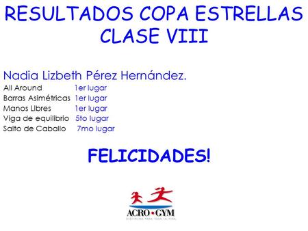 RESULTADOS COPA ESTRELLAS CLASE VIII Nadia Lizbeth Pérez Hernández. All Around 1er lugar Barras Asimétricas 1er lugar Manos Libres 1er lugar Viga de equilibrio.