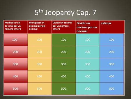 5 th Jeopardy Cap. 7 Multiplicar un decimal por un número entero Multiplicar un decimal por un decimal Dividir un decimal por un número entero Dividir.