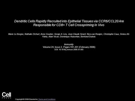 Dendritic Cells Rapidly Recruited into Epithelial Tissues via CCR6/CCL20 Are Responsible for CD8+ T Cell Crosspriming In Vivo Marie Le Borgne, Nathalie.