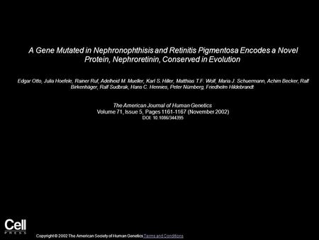 A Gene Mutated in Nephronophthisis and Retinitis Pigmentosa Encodes a Novel Protein, Nephroretinin, Conserved in Evolution Edgar Otto, Julia Hoefele, Rainer.