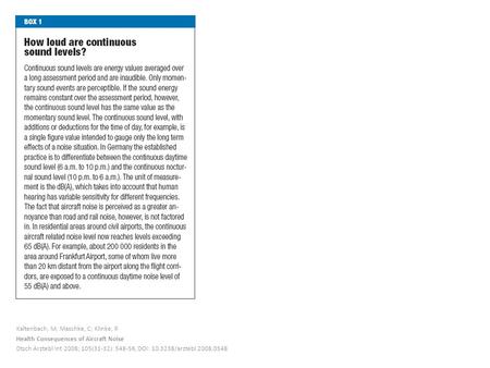 Kaltenbach, M; Maschke, C; Klinke, R Health Consequences of Aircraft Noise Dtsch Arztebl Int 2008; 105(31-32): 548-56, DOI: 10.3238/arztebl.2008.0548.