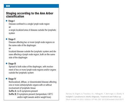 Rancea, M; Engert, A; Tresckow, B v; Halbsguth, T; Behringer, K; Skoetz, N Hodgkin’s Lymphoma in Adults: Diagnosis, Treatment and Follow-up Dtsch Arztebl.