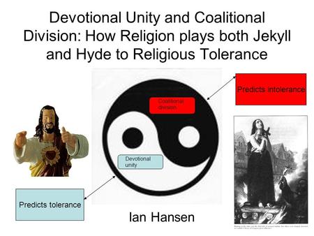 Devotional Unity and Coalitional Division: How Religion plays both Jekyll and Hyde to Religious Tolerance Devotional unity Coalitional division Predicts.