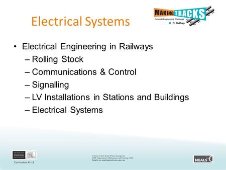 Electrical Systems Electrical Engineering in Railways –Rolling Stock –Communications & Control –Signalling –LV Installations in Stations and Buildings.