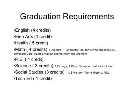 Graduation Requirements English (4 credits) Fine Arts (1 credit) Health (.5 credit) Math ( 4 credits) 1 Algebra, 1 Geometry; students who successfully.