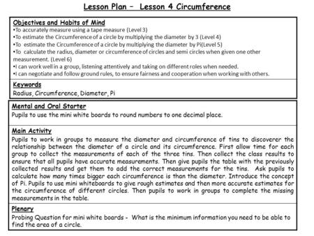 Lesson Plan – Lesson 4 Circumference Mental and Oral Starter Pupils to use the mini white boards to round numbers to one decimal place. Main Activity Pupils.