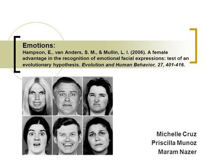 Emotions: Emotions: Hampson, E., van Anders, S. M., & Mullin, L. I. (2006). A female advantage in the recognition of emotional facial expressions: test.