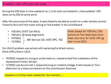 Problems with UPS racks last week... During the DSS tests on the weekend Jun 1-2 all racks connected to „interruptable“ UPS were cut by DSS at some point.