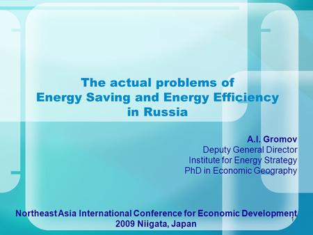 1 The actual problems of Energy Saving and Energy Efficiency in Russia Northeast Asia International Conference for Economic Development 2009 Niigata, Japan.