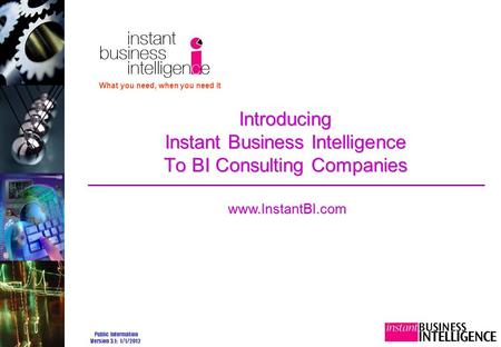 Public Information Version 3.1: 1/1/2012 Introducing Instant Business Intelligence To BI Consulting Companies What you need, when you need it www.InstantBI.com.