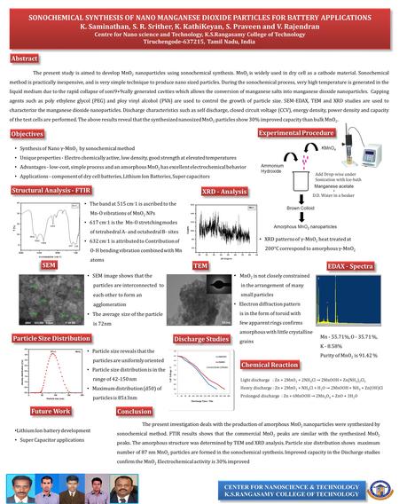 SONOCHEMICAL SYNTHESIS OF NANO MANGANESE DIOXIDE PARTICLES FOR BATTERY APPLICATIONS K. Saminathan, S. R. Srither, K. KathiKeyan, S. Praveen and V. Rajendran.