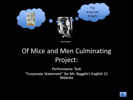 Of Mice and Men Culminating Project: Performance Task “Corporate Statement” for Mr. Baggitt’s English 11 Website John Steinbeck The American Dream.