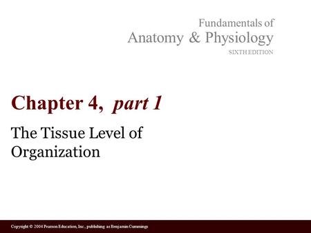 Copyright © 2004 Pearson Education, Inc., publishing as Benjamin Cummings Fundamentals of Anatomy & Physiology SIXTH EDITION Chapter 4, part 1 The Tissue.