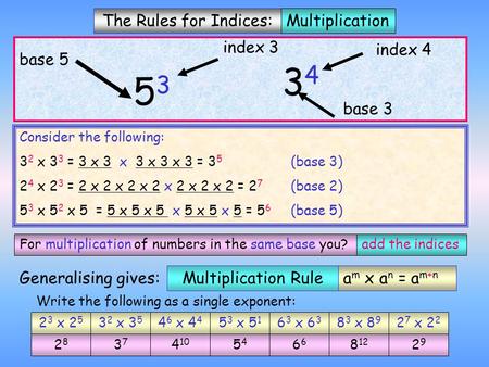 a m x a n = a m+n Consider the following: 32 32 x 33 33 = 3 x 3 x 3 x 3 x 3 = 3 5 (base 3) 24 24 x 23 23 = 2 x 2 x 2 x 2 x 2 x 2 x 2 = 2 7 (base 2) 53.