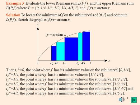 1 Example 3 Evaluate the lower Riemann sum L(P,f ) and the upper Riemann sum U(P,f ) where P = {0, 1/4, 1/3, 1/2, 3/4, 4/5, 1} and f(x) = arctan x, Solution.