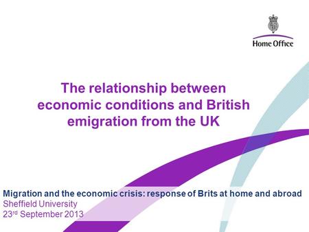 Migration and the economic crisis: response of Brits at home and abroad Sheffield University 23 rd September 2013 The relationship between economic conditions.