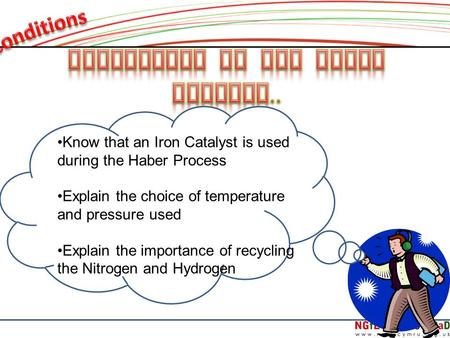 Know that an Iron Catalyst is used during the Haber Process Explain the choice of temperature and pressure used Explain the importance of recycling the.