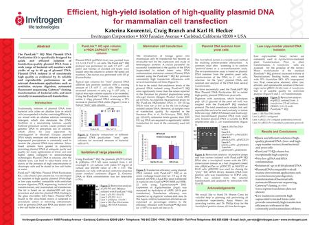 Invitrogen Corporation 1600 Faraday Avenue Carlsbad, California 92008 USA Telephone: 760 603 7200 FAX: 760 602 6500 Toll Free Telephone: 800 955 6288 E-mail: