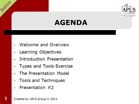 1 AGENDA Welcome and Overview Learning Objectives Introduction Presentation Types and Tools Exercise The Presentation Model Tools and Techniques Presentation.